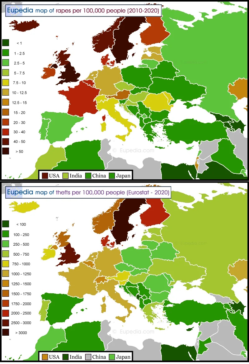 Odsetek gwałtów (2010-2020, Eurostat) i przypadków kradzieży (Eurostat 2020) na 100 tys. mieszkańców w Europie