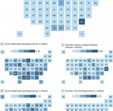 Charakterystyka masowych strzelanin w USA z podziałem na stany, 2014-2022