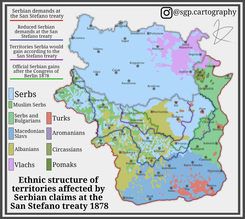 Mapa etniczna z uwzględnieniem serbskich roszczeń na mocy traktatu z San Stefano z 1878 r.