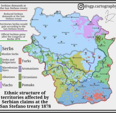 Mapa etniczna z uwzględnieniem serbskich roszczeń na mocy traktatu z San Stefano z 1878 r.