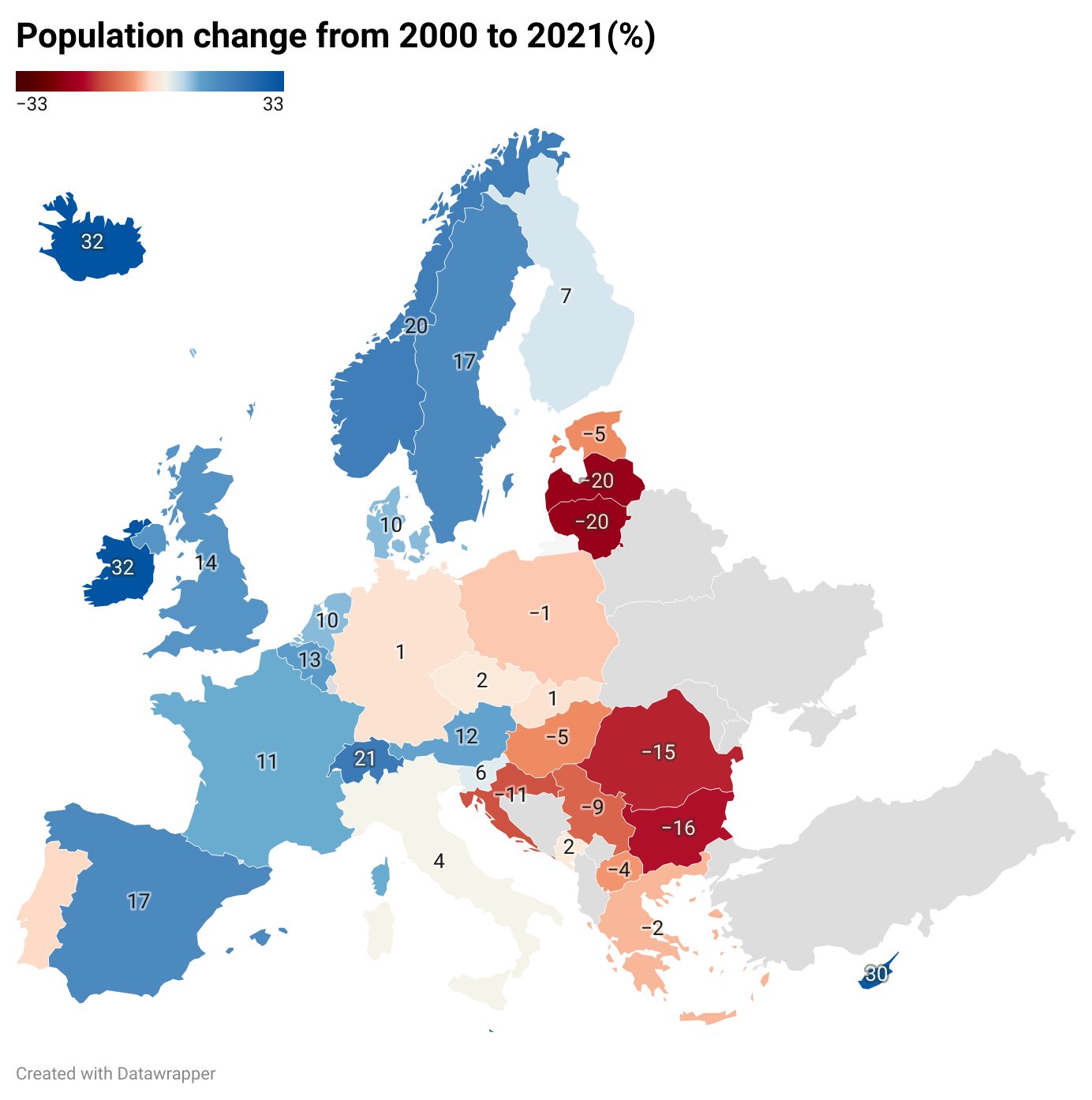 Zmiana liczby ludności w latach 2000-2021, największy wzrost w Irlandii