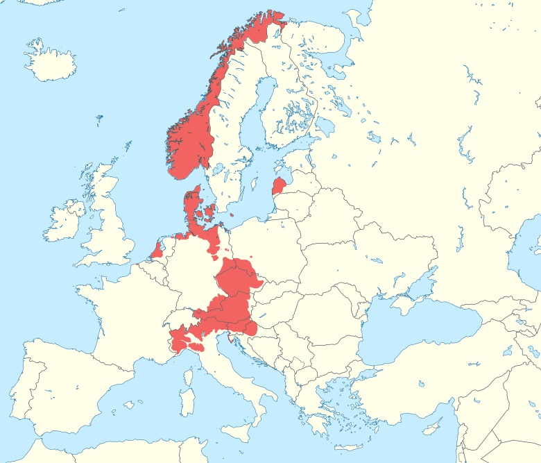 Tereny pod niemiecką kontrolą w dniu kapitulacji III Rzeszy 8 marca 1945 z uwzględnieniem współczesnych granic