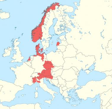 Tereny pod niemiecką kontrolą w dniu kapitulacji III Rzeszy 8 marca 1945 z uwzględnieniem współczesnych granic