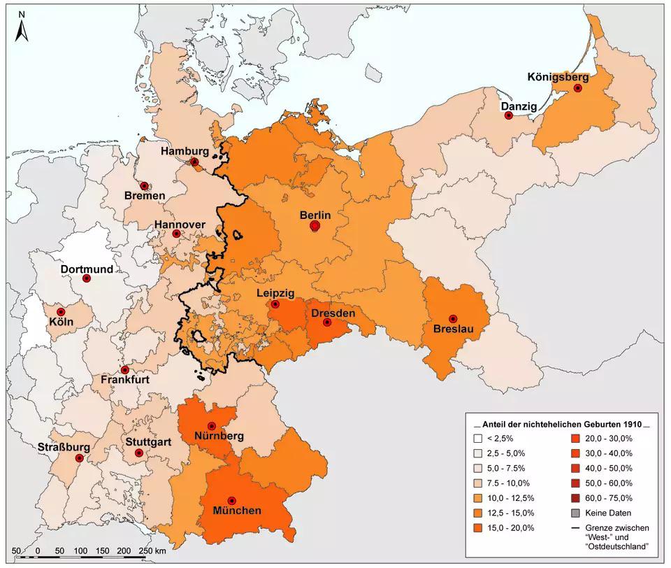 Odsetek urodzeń pozamałżeńskich (bękartów) według regionu w Niemczech, 1910 r.