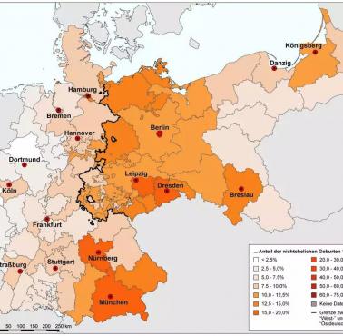 Odsetek urodzeń pozamałżeńskich (bękartów) według regionu w Niemczech, 1910 r.