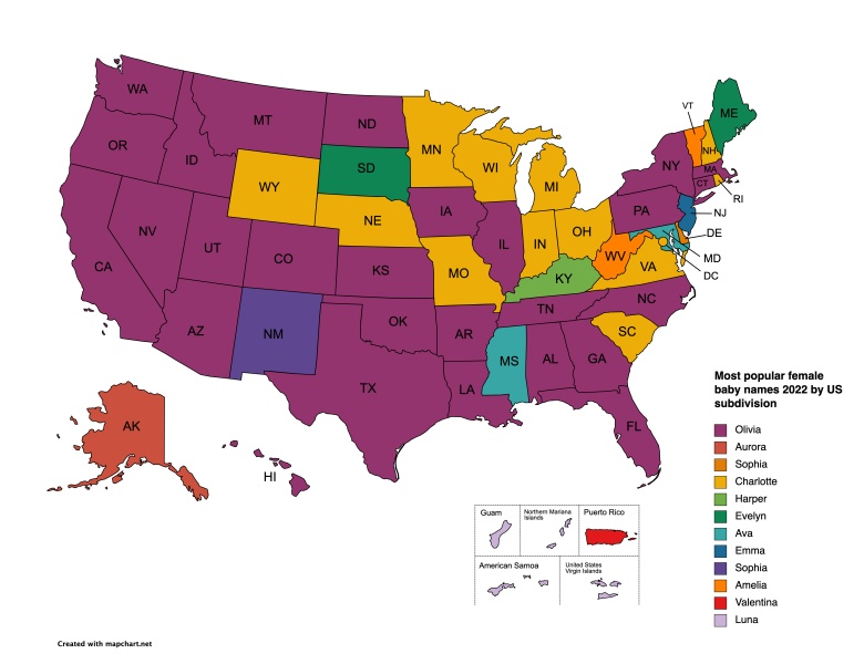 Najpopularniejsze imiona dziewczynek w poszczególnych stanach USA, 2022