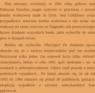 Przypadkowo zrzucona bomba wodorowa w 1961 roku mogła zniszczyć kilka amerykańskich miasteczek i wsi ...