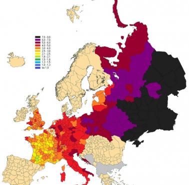 Współczynniki dzietności w różnych regionach Europy w 1900 r.