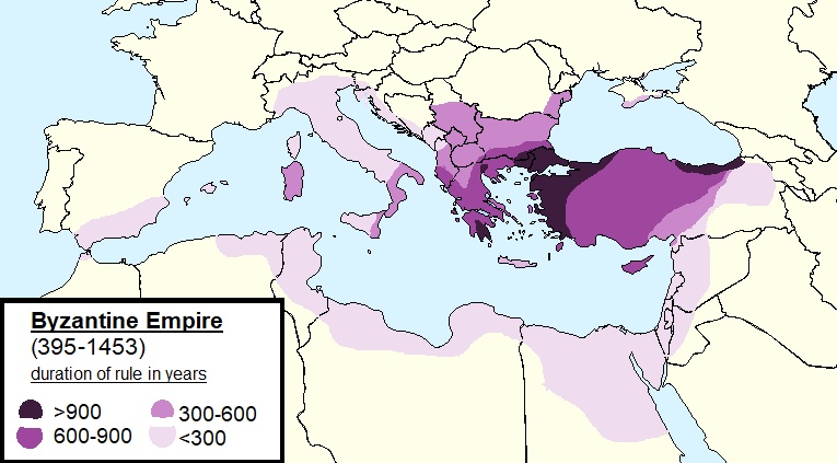 Terytoria pod panowaniem Bizancjum od 395 roku do 1453 wraz z liczbą lat kiedy był jej częścią