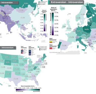 Odsetek introwertyków i ekstrawertyków w Europie, USA i Azji, 2022