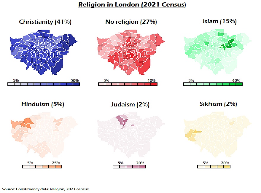 Dominujące religie w Londynie, 2021