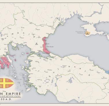 Ostatnie posiadłości Cesarstwa Bizantyjskiego w 1453 roku n.e. (ostatni rok istnienia)