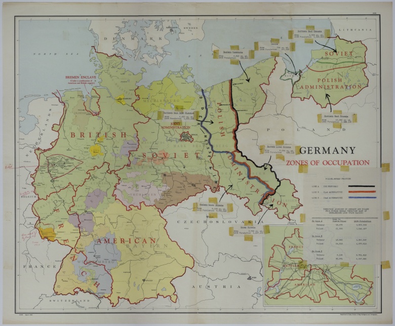 Mapa proponowanych granic Niemiec po II wojnie światowej, w tym faktyczne zmiany granic i granice stref okupacyjnych