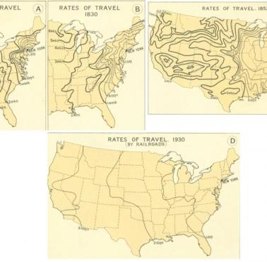 Czas podróży w dniach i tygodniach z Nowego Jorku do różnych części USA 1800-1930, 1800, 1830, 1857, 1930