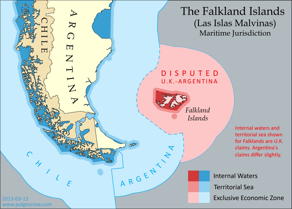 Mapa Falklandów (Malwiny) z uwzględnieniem roszczeń Argentyny i Wielkiej Brytanii