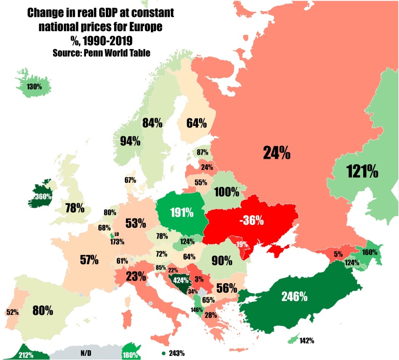 Zmiana realnego PKB w stałych cenach krajowych dla Europy w latach 1990-2019