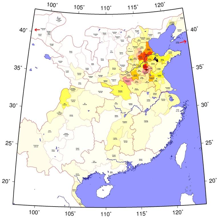 Gęstość zaludnienia Chin w czasach dynastii Han (140 r. p.n.e.-220 n.e.)
