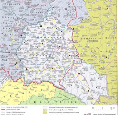 Mapa przedstawiająca deportacje ludzi do obozów zagłady od marca do września 1942 r. (III-IX)