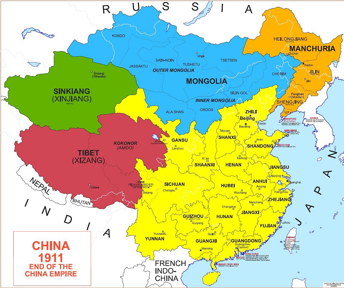 Mapa Chin w 1911 roku rewolucji Xinhai, która zakończyła rządy dynastii Qing