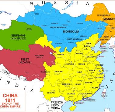 Mapa Chin w 1911 roku rewolucji Xinhai, która zakończyła rządy dynastii Qing