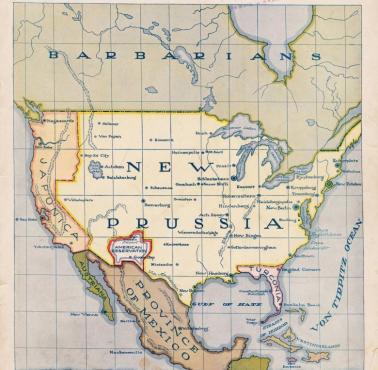 Mapa propagandowa z I wojny światowej przedstawiająca USA jako kolonię Niemiec i Japonii