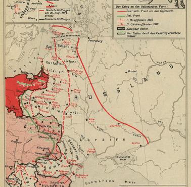 Czerwona linia wskazuje ich maksymalne postępy na froncie wschodnim (Traktat brzeski z marca 1918 r.)