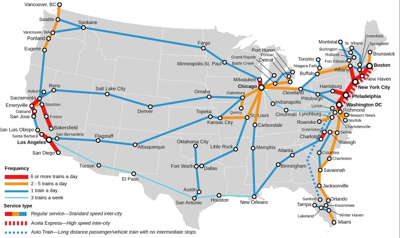 Koleje Amtrak w USA. Częstotliwość połączeń w grudniu 2023