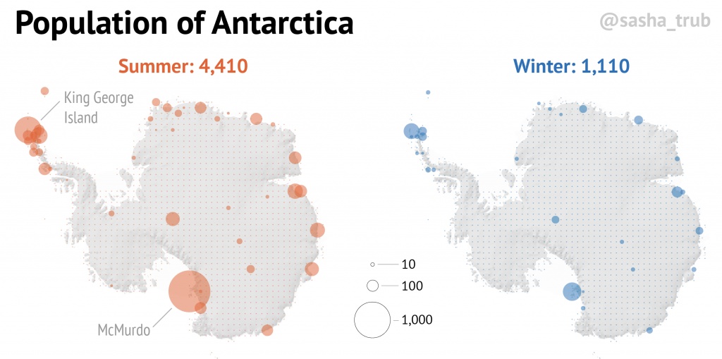 Mapa braku gęstości zaludnienia Antarktydy w lecie i zimie