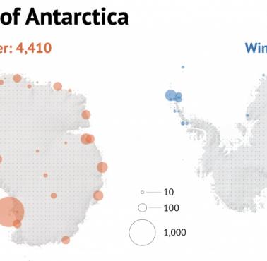 Mapa braku gęstości zaludnienia Antarktydy w lecie i zimie