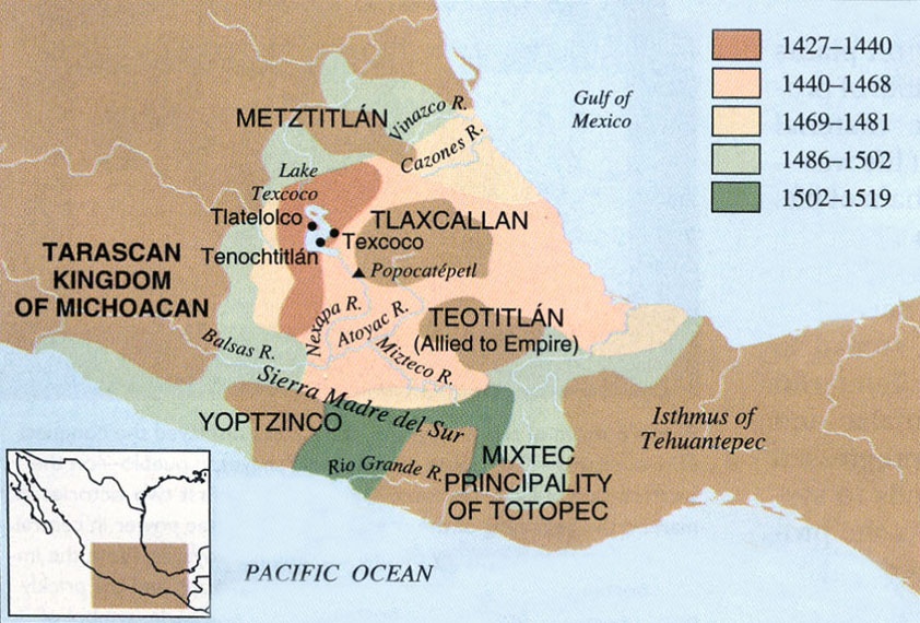 Mapa przedstawiająca największą ekspansję Azteków w latach 1427-1519