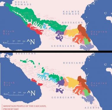 Mapa Kaukazu w 1817 i 2020 roku. Widoczne ludobójstwo Czerkiesów przeprowadzone przez Rosjan