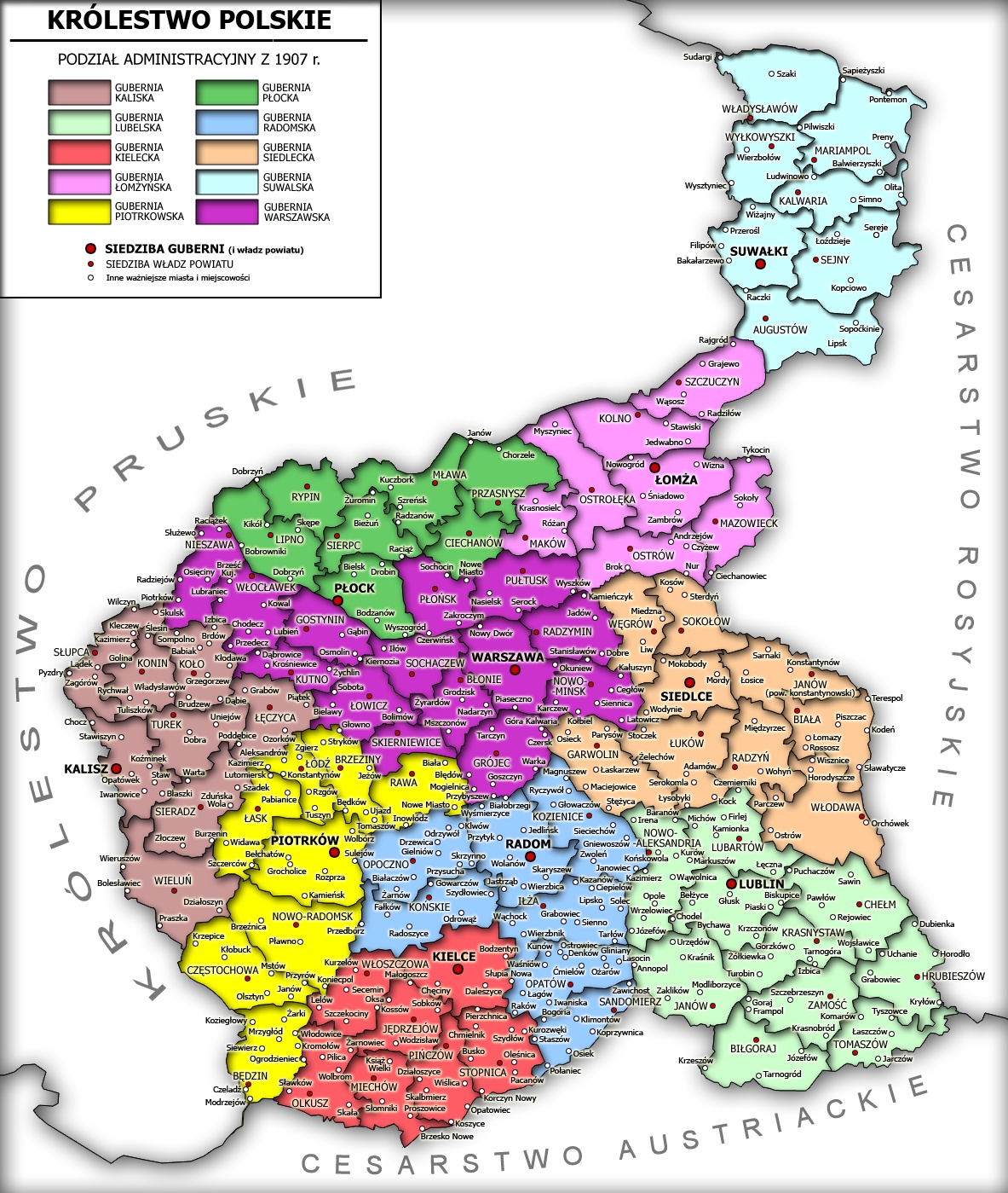 Mapa przedstawiająca Królestwo Polskie i jego podział administracyjny w 1907 r.