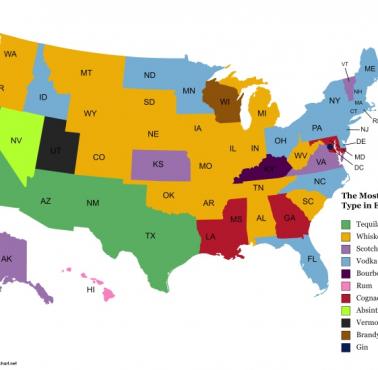 Najczęściej spożywany rodzaj alkoholu w USA z podziałem na stany