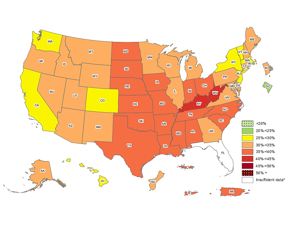 Współczynnik otyłości według stanu USA, 2022, CDC