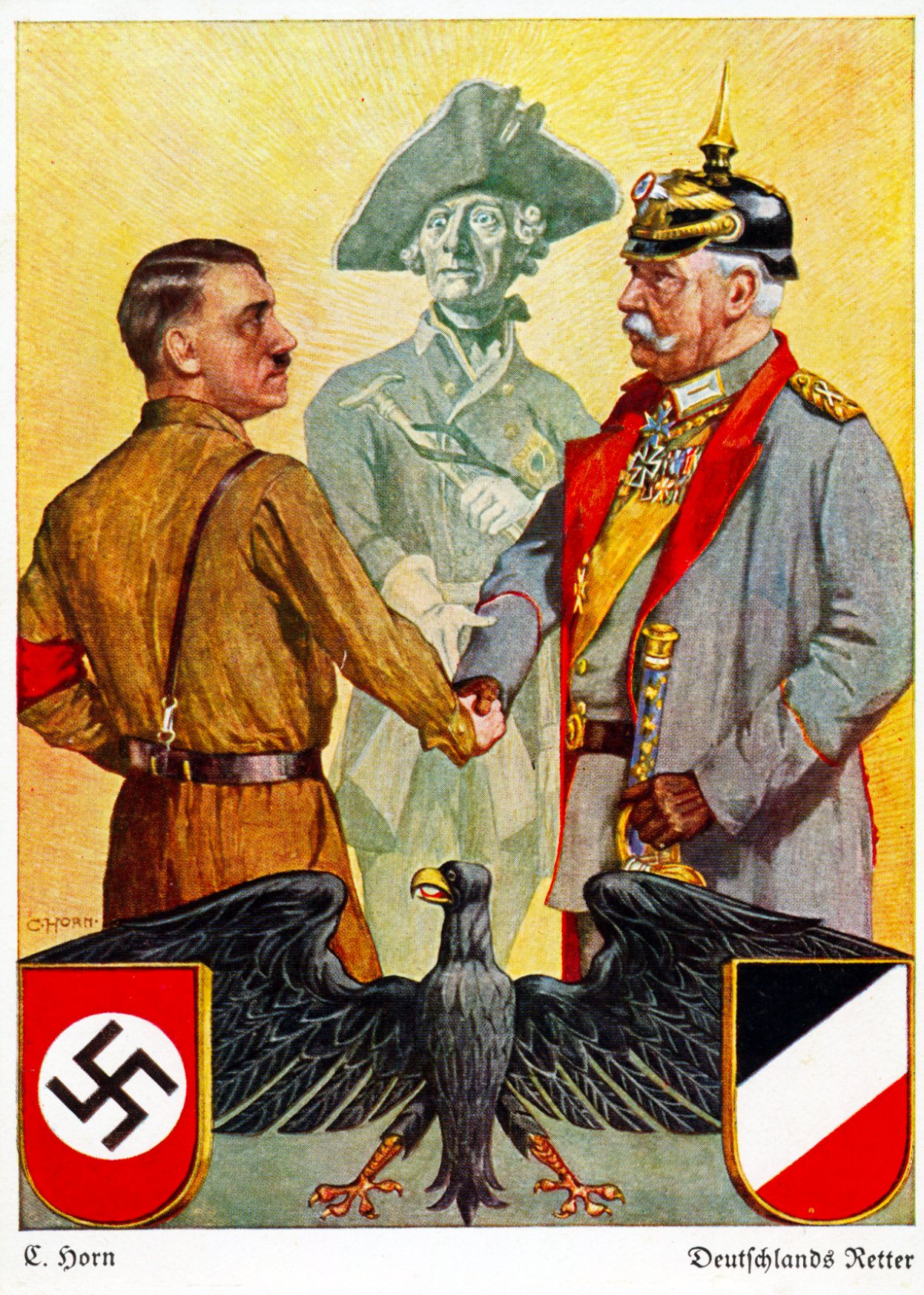 Propagandowa pocztówka z 1933 roku przedstawiająca Hitlera ściskającego dłoń Hindenburgowi, za nimi Fryderyk Wielki
