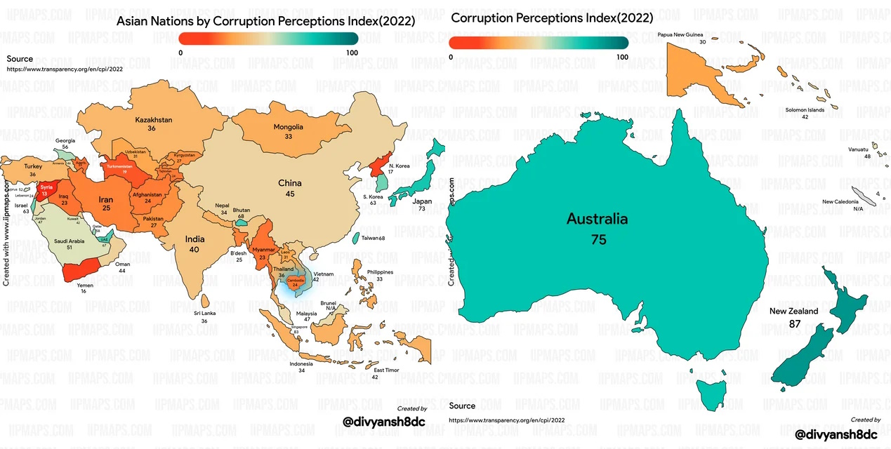 Wskaźnik postrzegania korupcji (Corruption Perceptions Index) w Azji, 2022