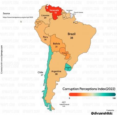 Wskaźnik postrzegania korupcji (Corruption Perceptions Index) w Ameryce Pd, 2022