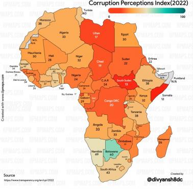 Wskaźnik postrzegania korupcji (Corruption Perceptions Index) w Afryce, 2022