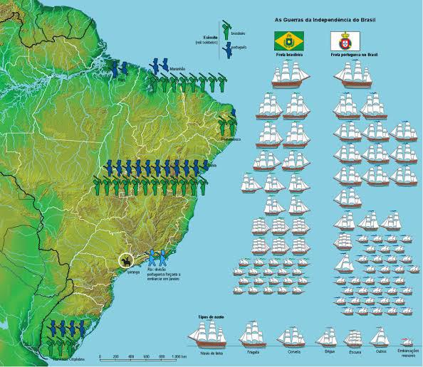 Mapa rozmieszczenia wojsk i siły morskiej obu stron w momencie wybuchu brazylijskiej wojny o niepodległość, 7 września 1822 r.