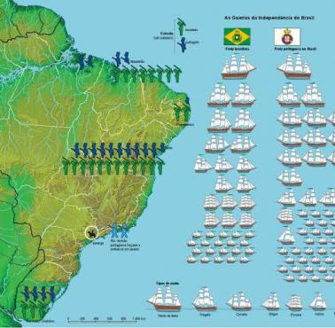 Mapa rozmieszczenia wojsk i siły morskiej obu stron w momencie wybuchu brazylijskiej wojny o niepodległość, 7 września 1822 r.