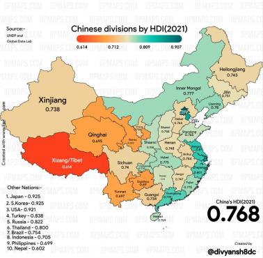 Zmiany wskaźnika rozwoju społecznego (HDI, Human Development Index) Chin z podziałem na prowincje, 2021