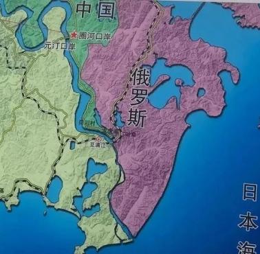 Mapa najwęższego terytorium Chin (500 metrów) w pobliżu granicy chińsko-rosyjsko-koreańskiej