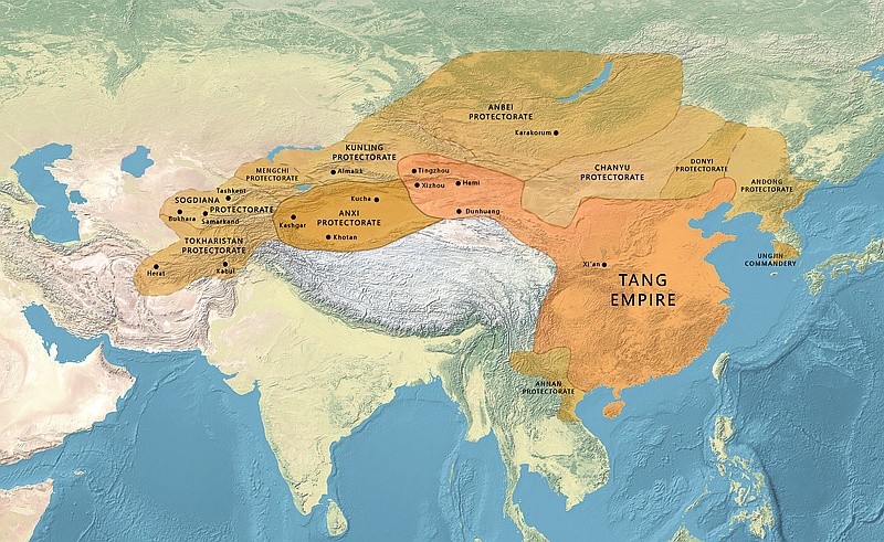 Największy zasięg panowania chińskiej dynastii Tang, 618-907 n.e.