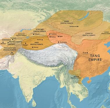 Największy zasięg panowania chińskiej dynastii Tang, 618-907 n.e.