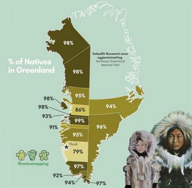Odsetek rdzennych mieszkańców Grenlandii z podziałem na regiony