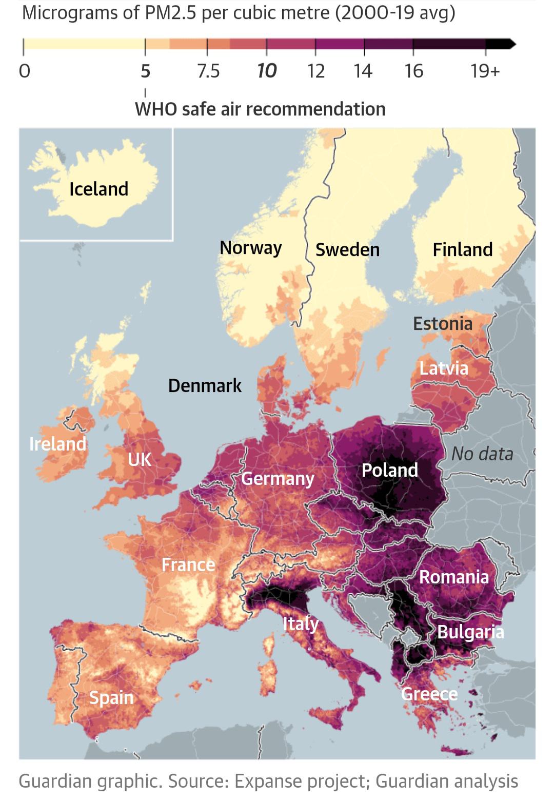 Zanieczyszczenie powietrza według krajów w Europie (PM2,5), 2000-2019