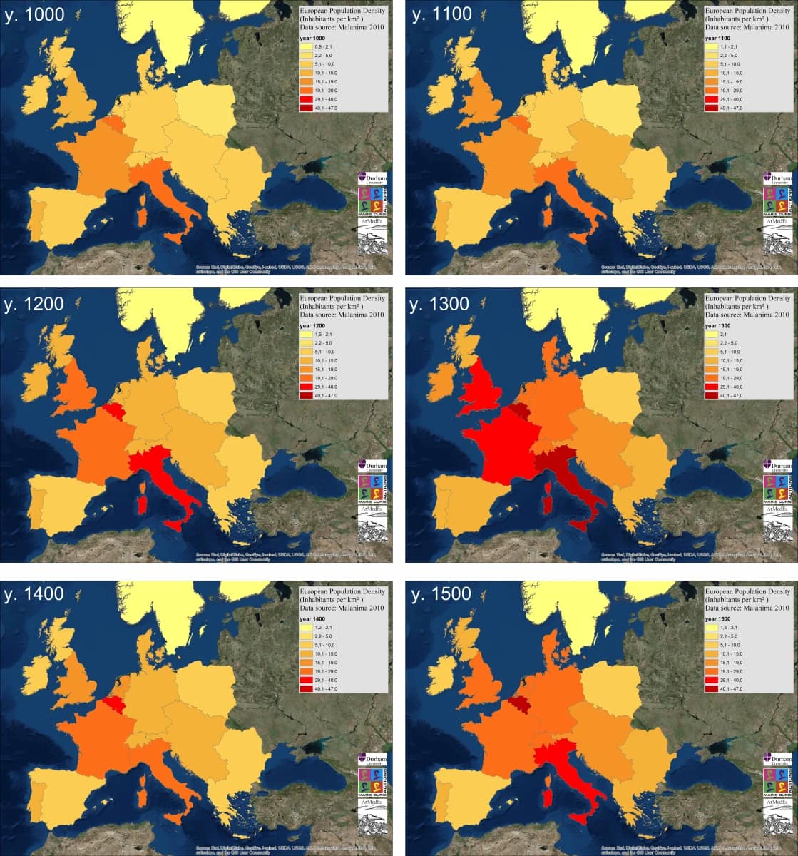 Mapa gęstości zaludnienia Europy w latach 1000-1500