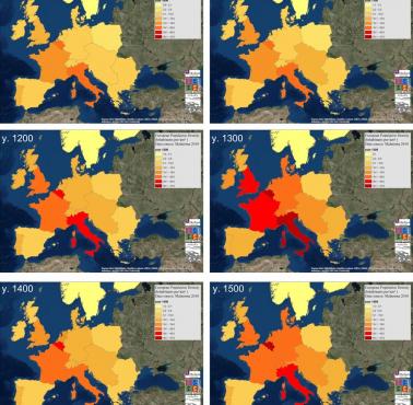 Mapa gęstości zaludnienia Europy w latach 1000-1500