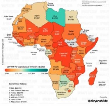 Zmiana PKB wg parytetu siły nabywczej (Purchasing Power Parity – PPP) per capita w Afryce, 2008 vs 2022 (po korekcie o inflację)