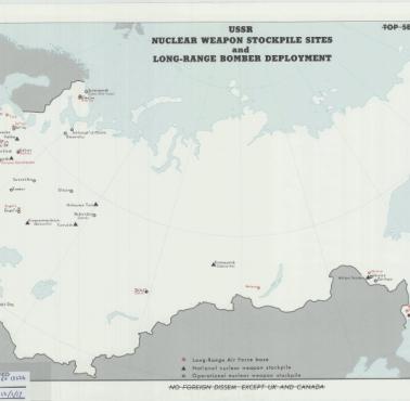 Mapa CIA wyszczególniająca miejsca składowania broni jądrowej ZSRR i lokalizacje rozmieszczenia bombowców dalekiego zasięgu